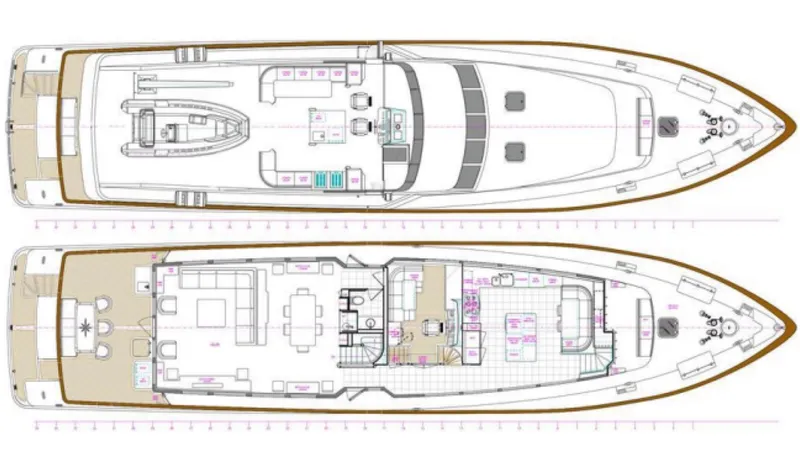 Silver Seas Yacht Photos Pics Floor plan of a 1998 Burger Raised Pilothouse yacht, showcasing upper and lower decks.