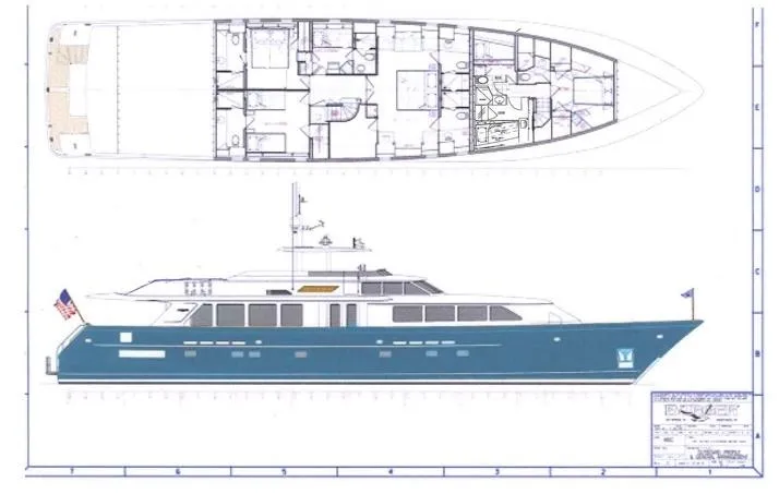 Silver Seas Yacht Photos Pics Blueprint of a 1998 Burger Raised Pilothouse yacht, showcasing layout and side view.