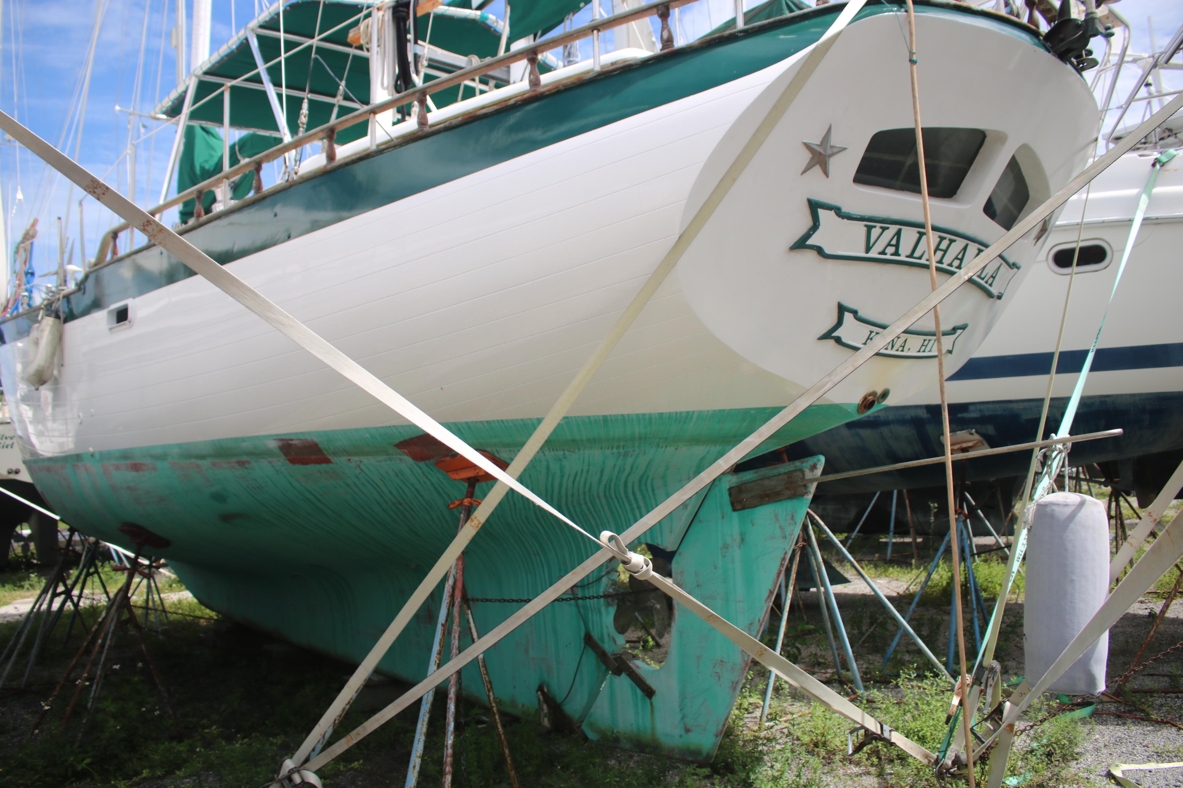 1981 Hardin 45 Voyager sailboat, named Valhalla, on dry dock for maintenance.