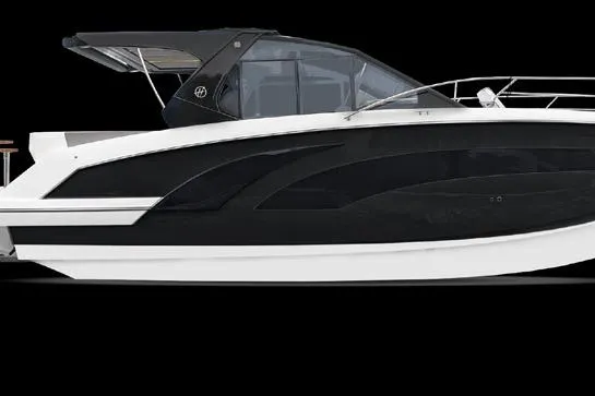  Yacht Photos Pics 2026 Hanover 387 Tuxedo Luxury Edition boat, sleek design, black and white exterior.