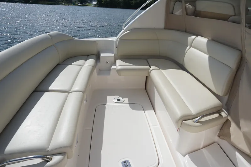 The Pearl Yacht Photos Pics 2007 Tiara Yachts 3900 interior with beige seating and lake view.