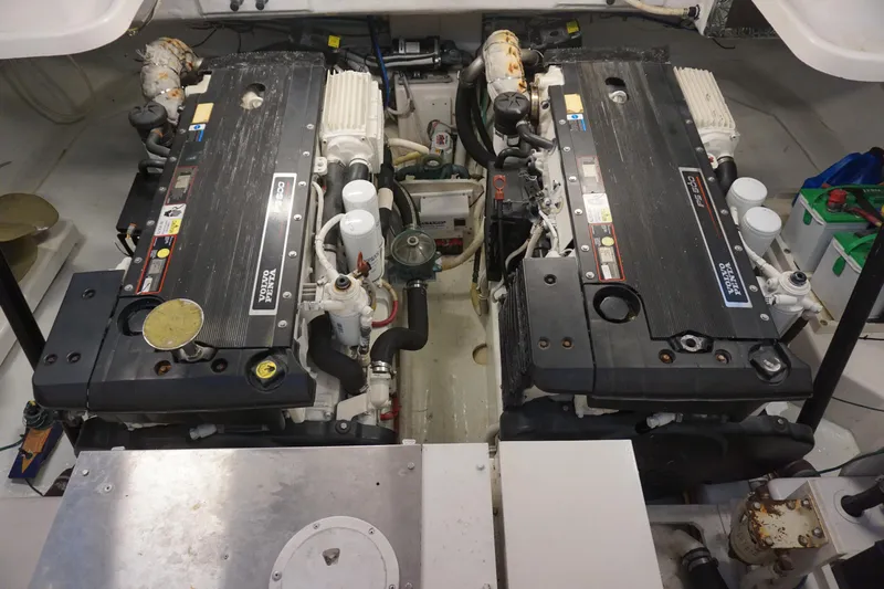 The Pearl Yacht Photos Pics Engine room of a 2007 Tiara Yachts 3900, featuring dual inboard engines.