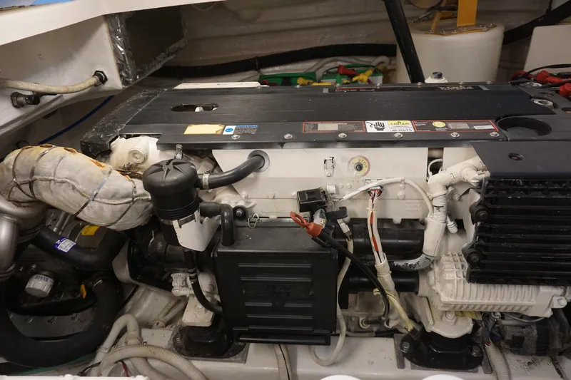 The Pearl Yacht Photos Pics Engine compartment of a 2007 Tiara Yachts 3900, showcasing detailed mechanical components.