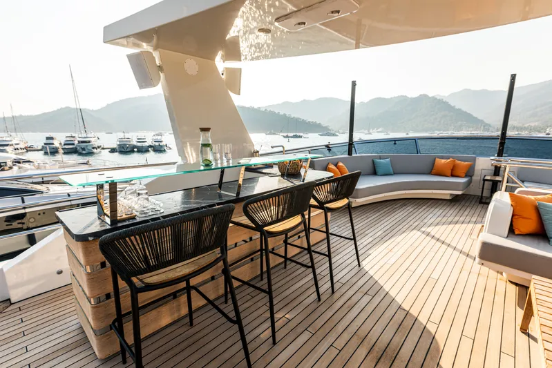 Zeemar Yacht Photos Pics Luxurious deck of 2016 Custom Aydos Yat Sanayi 100' yacht with bar and seating area.