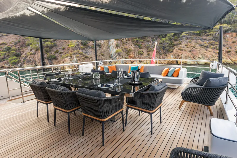 Zeemar Yacht Photos Pics Luxury outdoor dining area on 2016 Custom Aydos Yat Sanayi 100' yacht.