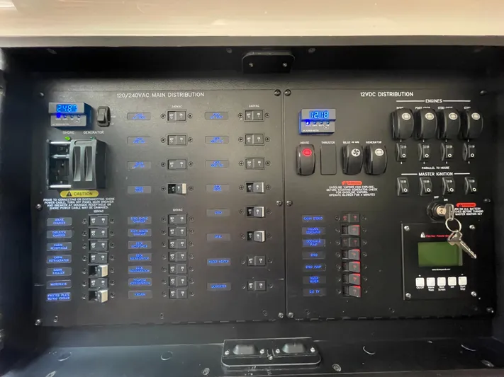 Sea Cure Yacht Photos Pics Electrical control panel of a 2021 Boston Whaler 405 Conquest boat.