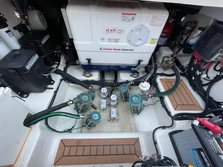 Sea Cure Yacht Photos Pics Engine room of a 2021 Boston Whaler 405 Conquest with Fischer Panda generator.