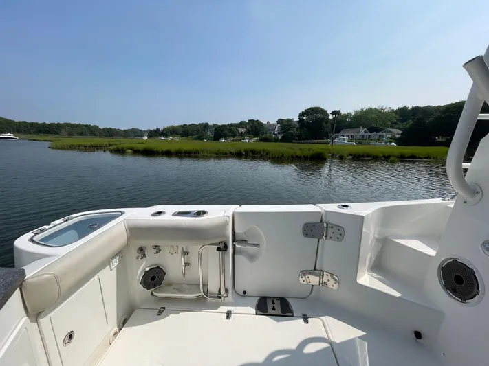 Sea Cure Yacht Photos Pics Boston Whaler 405 Conquest 2021 boat interior with scenic waterfront view.