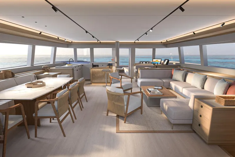  Yacht Photos Pics Luxurious interior of 2026 Lagoon Eighty 2 yacht with modern furnishings and ocean view.