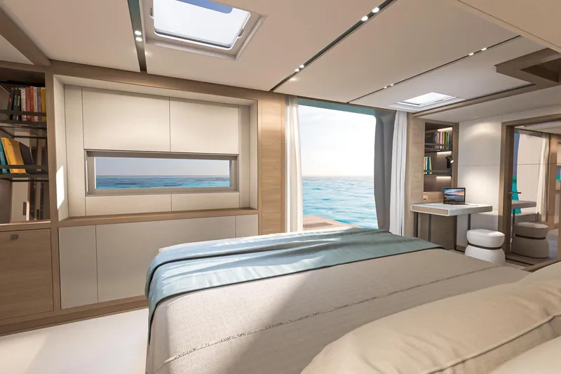  Yacht Photos Pics Luxurious interior of 2026 Lagoon Eighty 2 yacht with ocean view and modern decor.