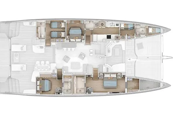  Yacht Photos Pics Floor plan of 2026 Lagoon Eighty 2 yacht, showcasing luxurious cabins and spacious layout.