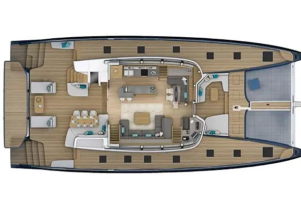  Yacht Photos Pics Top view of 2026 Lagoon Eighty 2 yacht interior layout, featuring spacious living and dining areas.