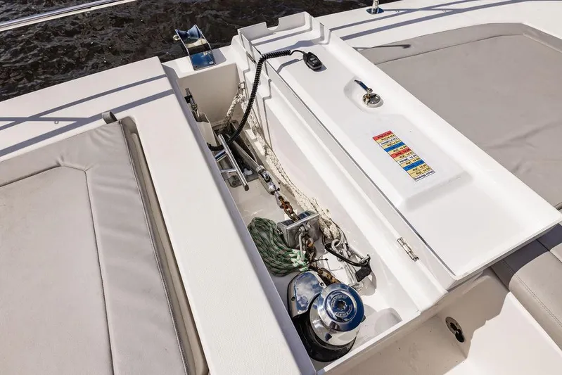 Nautilus Yacht Photos Pics 2021 Leopard 53 Powercat deck with anchor system and seating area.