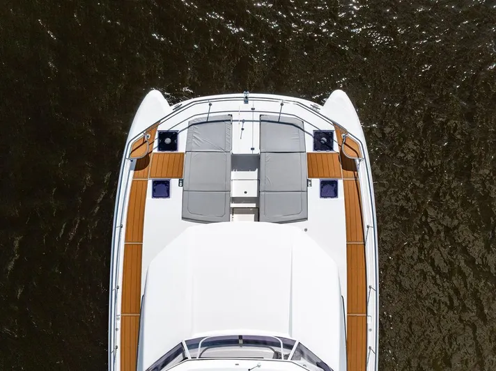 Nautilus Yacht Photos Pics 2021 Leopard 53 Powercat yacht, aerial view, showcasing deck layout and seating.