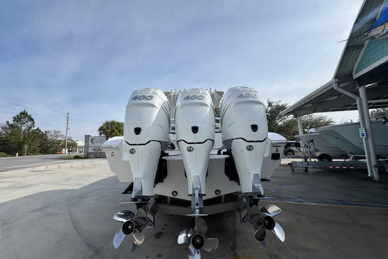  Yacht Photos Pics 2023 Fountain 38 Tournament Edition boat with triple 400 horsepower engines.