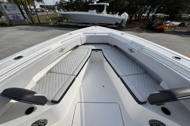  Yacht Photos Pics 2023 Fountain 38 Tournament Edition boat with spacious seating and sleek design.