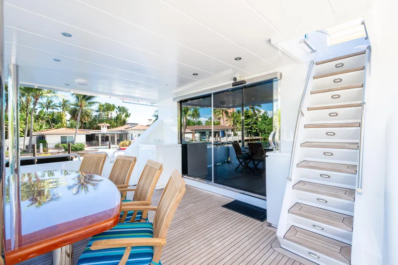 Mojito Yacht Photos Pics Luxurious 2006 Hargrave Raised Pilothouse yacht deck with seating and staircase.