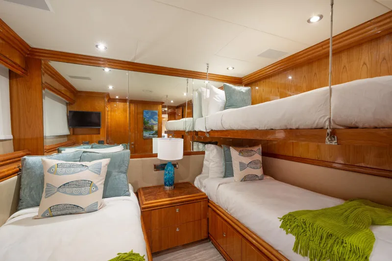 Mojito Yacht Photos Pics Luxurious 2006 Hargrave Raised Pilothouse yacht cabin with twin beds and elegant wood finish.