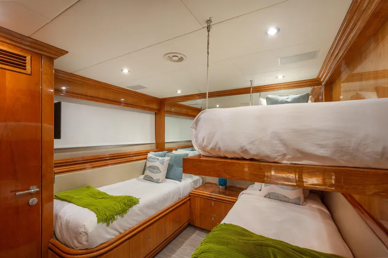Mojito Yacht Photos Pics Luxurious 2006 Hargrave Raised Pilothouse yacht cabin with twin beds and elegant wood finish.