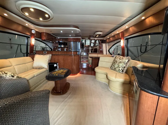  Yacht Photos Pics Luxurious interior of 2008 Meridian 580 Pilothouse yacht with elegant seating and modern design.