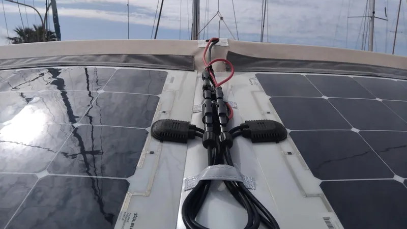  Yacht Photos Pics Solar panels on Jeanneau Sun Odyssey 439 yacht, 2012 model, with visible wiring connections.