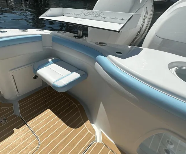  Yacht Photos Pics 2018 Yellowfin 42 boat interior with seating and fishing station.