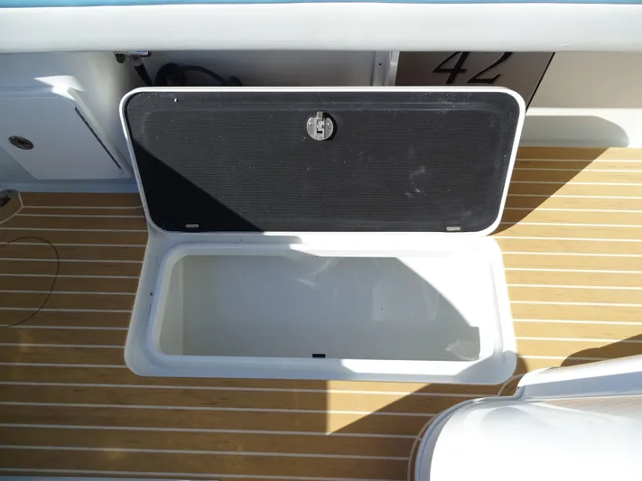  Yacht Photos Pics Open storage compartment on 2018 Yellowfin 42 boat deck.