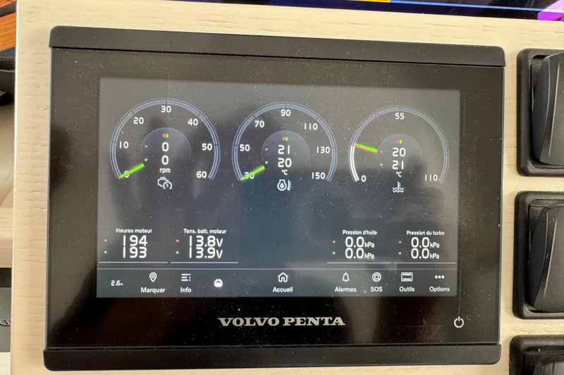  Yacht Photos Pics Volvo Penta engine display on 2023 Nord Star 49 SCY boat dashboard.