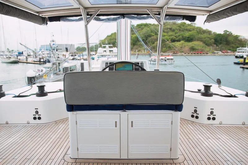 Kailua Yacht Photos Pics Helm station of 2018 Sunreef 74 yacht with marina view.
