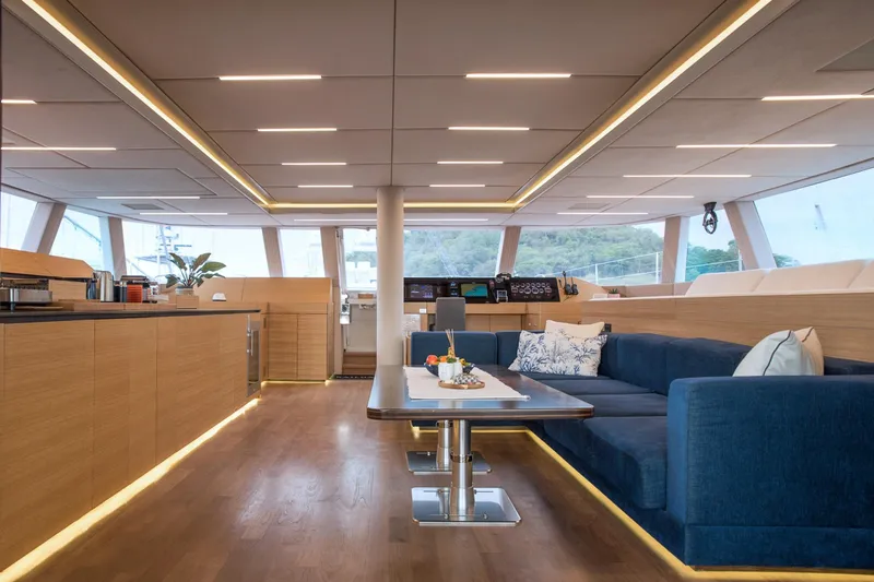 Kailua Yacht Photos Pics Luxurious interior of 2018 Sunreef 74 yacht with modern design and elegant furnishings.