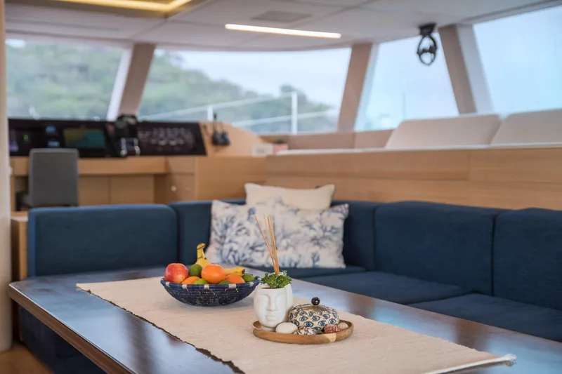 Kailua Yacht Photos Pics Luxurious Sunreef 74 yacht interior with elegant decor and panoramic windows, 2018 model.