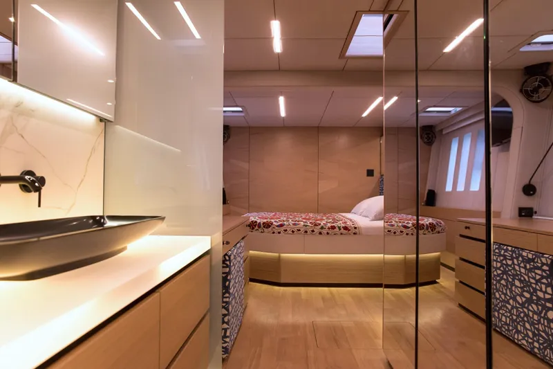 Kailua Yacht Photos Pics Luxurious interior of 2018 Sunreef 74 yacht with modern design and elegant furnishings.