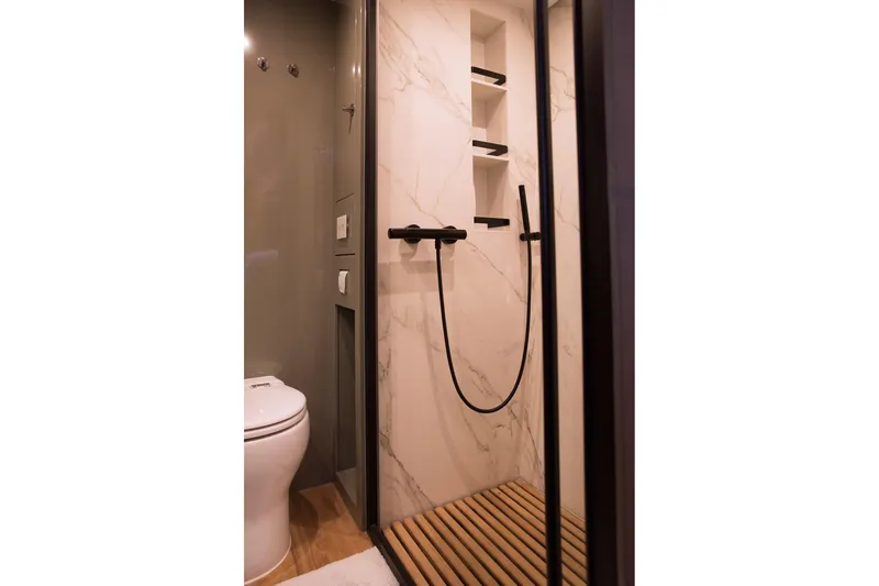 Kailua Yacht Photos Pics Luxurious bathroom in 2018 Sunreef 74 yacht with modern shower and toilet.