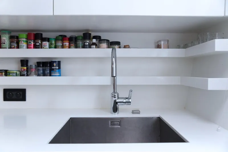 Kailua Yacht Photos Pics Modern kitchen sink with spices on shelves in 2018 Sunreef 74 yacht.