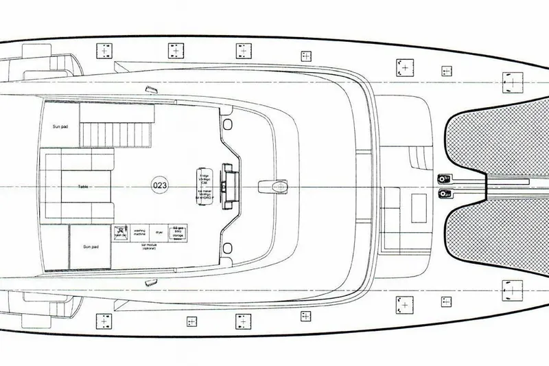 Kailua Yacht Photos Pics Floor plan of 2018 Sunreef 74 yacht, featuring sun pads and seating areas.