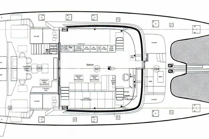 Kailua Yacht Photos Pics Floor plan of 2018 Sunreef 74 yacht, featuring saloon, cabins, and sunpads.