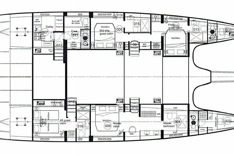Kailua Yacht Photos Pics Floor plan of a 2018 Sunreef 74 yacht, showcasing cabins and amenities.
