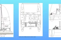 Blueprints of a 2003 Custom CATAMARAN 12.30 M, showcasing sail and interior layout.