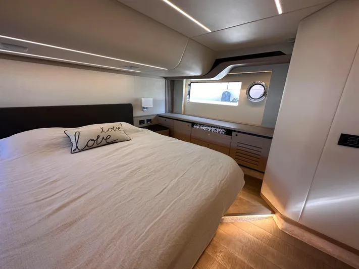 Skyfall Yacht Photos Pics Luxurious bedroom on the Absolute 52 Navetta yacht, year 2022.
