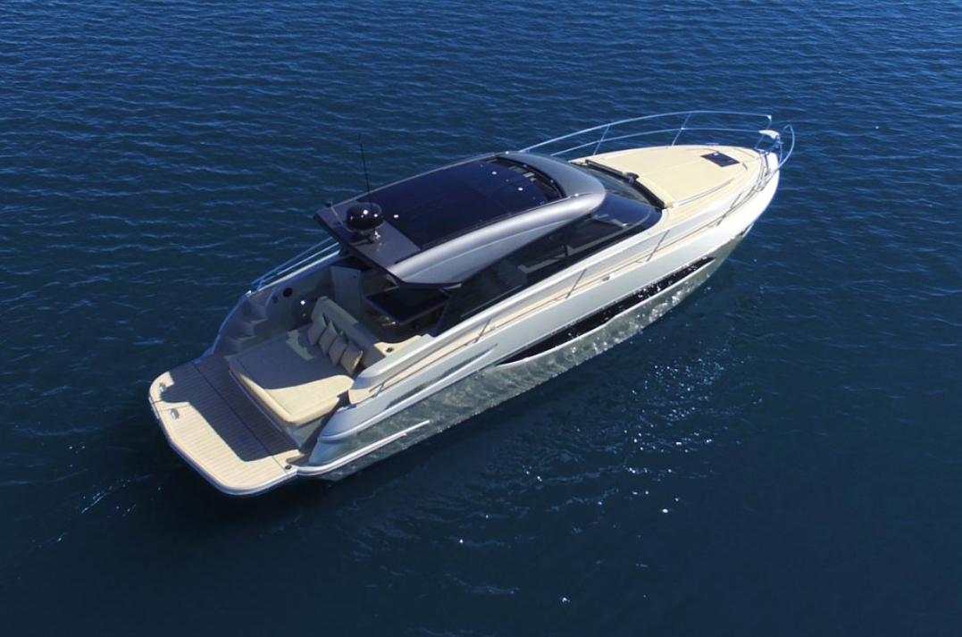 2025 Focus Power 36 yacht cruising on calm blue waters.