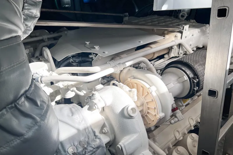  Yacht Photos Pics Engine compartment of a 2007 Sunseeker Manhattan 66 yacht, showcasing mechanical components.