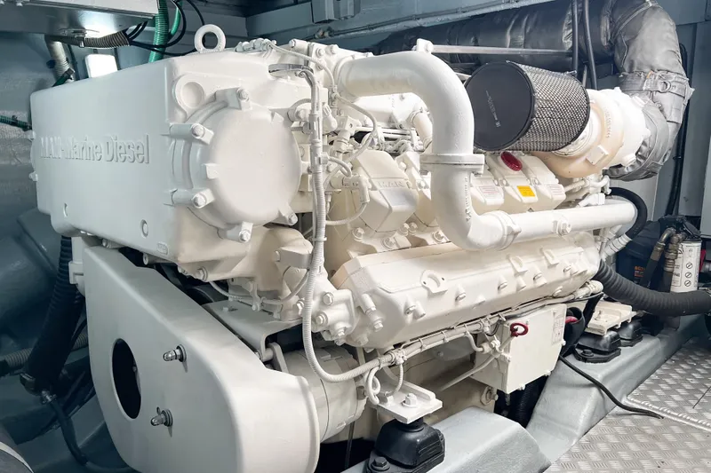  Yacht Photos Pics Engine room of 2007 Sunseeker Manhattan 66 yacht with MAN marine diesel engine.