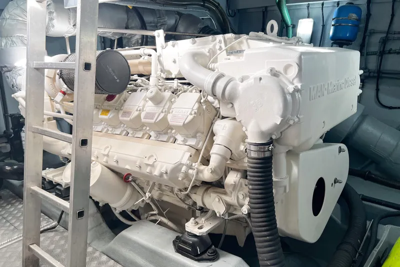  Yacht Photos Pics Engine room of 2007 Sunseeker Manhattan 66 yacht with MAN marine diesel engine.