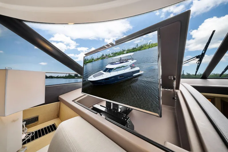  Yacht Photos Pics 2017 Prestige 560 Flybridge yacht interior with TV displaying exterior view.