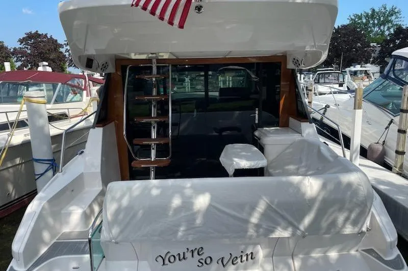 Your So Vein Yacht Photos Pics 2024 Regal 42 Fly yacht docked, featuring "You're so Vein" text on the stern.