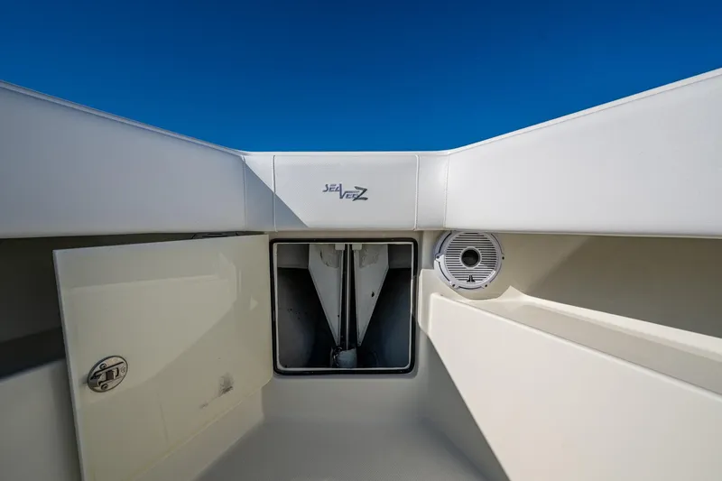  Yacht Photos Pics 2017 SeaVee 390Z boat interior with storage compartment and speaker.