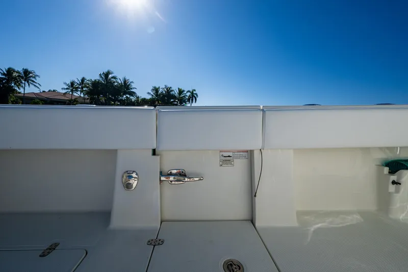  Yacht Photos Pics 2017 SeaVee 390Z boat deck under clear blue sky with palm trees.