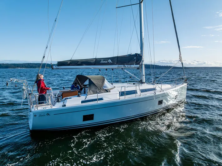 Dragon Fly Yacht Photos Pics 2019 Hanse 418 sailboat navigating open waters under clear blue skies.