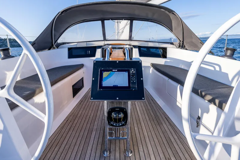 Dragon Fly Yacht Photos Pics 2019 Hanse 418 yacht cockpit with dual steering wheels and navigation display.