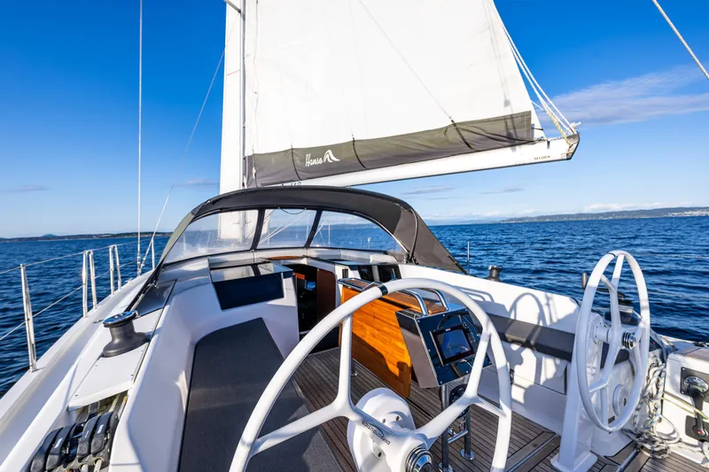 Dragon Fly Yacht Photos Pics 2019 Hanse 418 sailboat cockpit with dual steering wheels on open sea.